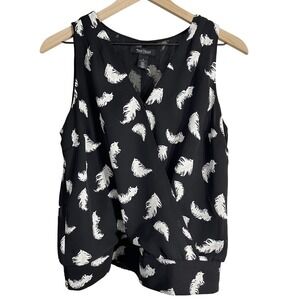 White House Black Market Feather Print Surplice Tank Top Black‎ White Small